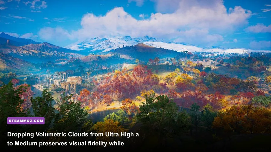 Comparison of volumetric cloud quality across the English rolling hills in Assassin's Creed Valhalla