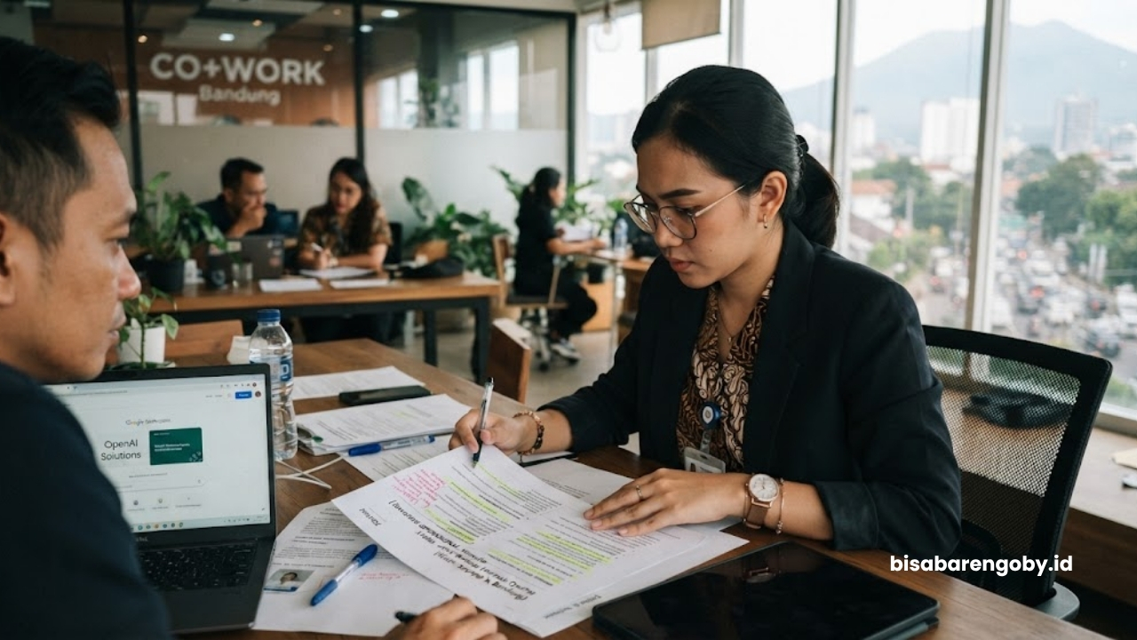 Manajer penjualan mengevaluasi proposal operasional saat menyeleksi konsultan AI Sales untuk startup di Bandung berbasis OpenAI