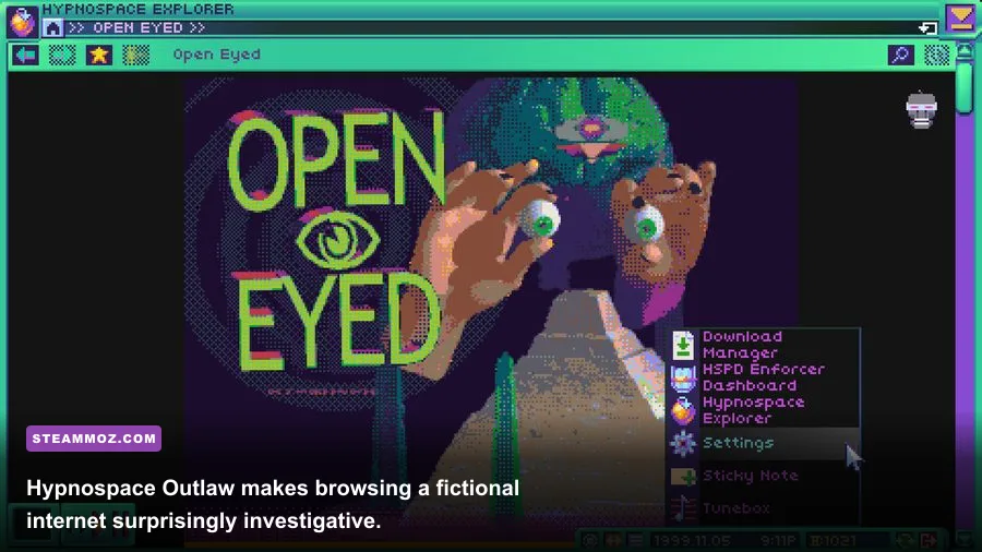 Hypnospace Outlaw gameplay showing its colorful 1999-inspired virtual internet desktop