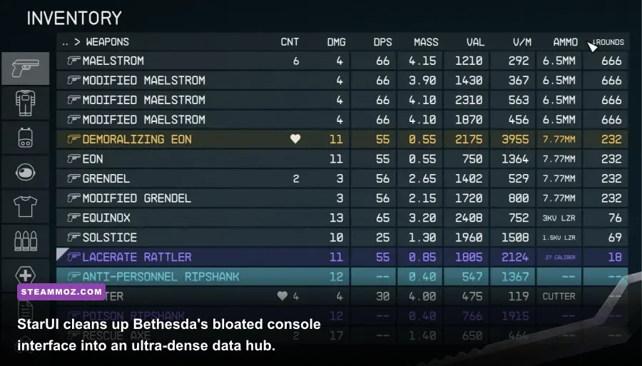 Starfield StarUI inventory menu displaying compact item stats and sorting icons