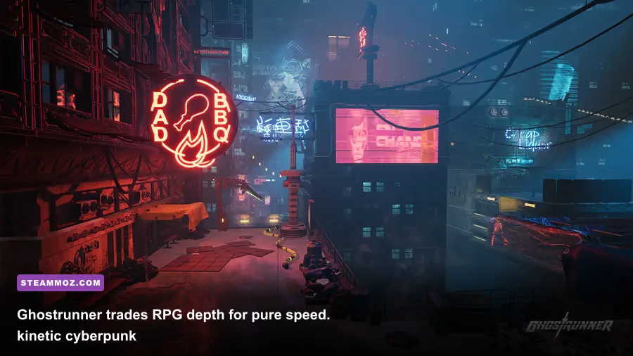 Ghostrunner's neon rooftop parkour sequence over a dystopian city