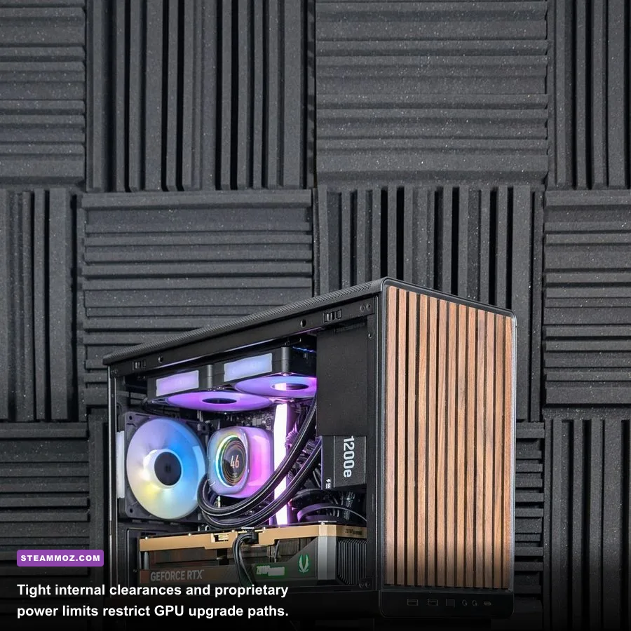 Custom ITX graphics card fitted inside a compact PC chassis clearance slot