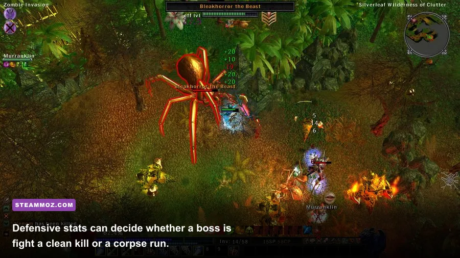 Din's Legacy character fighting a powerful boss with defensive equipment
