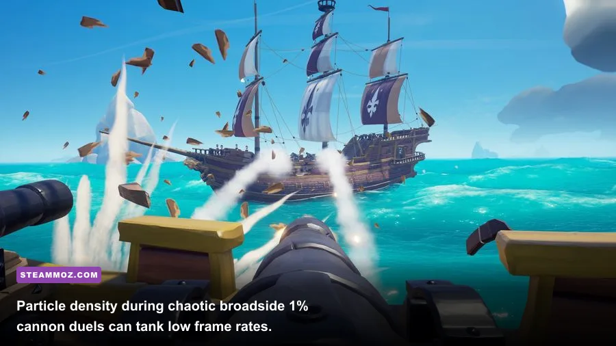 Naval ship battle in Sea of Thieves featuring cannon fire, smoke particles, and boarding action