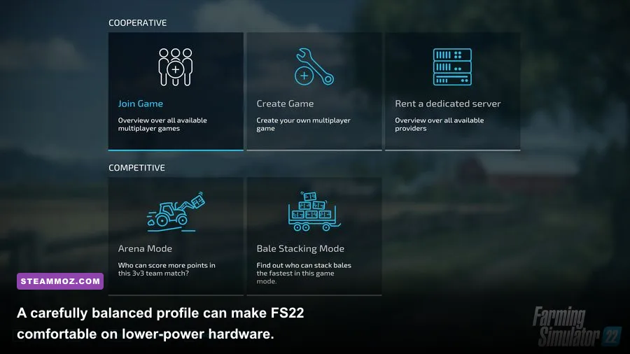 Farming Simulator 22 running on Steam Deck with optimized performance settings