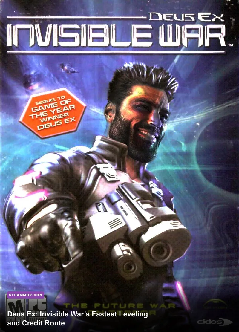 Deus Ex Invisible War gameplay in Seattle with Alex D standing near neon city lights