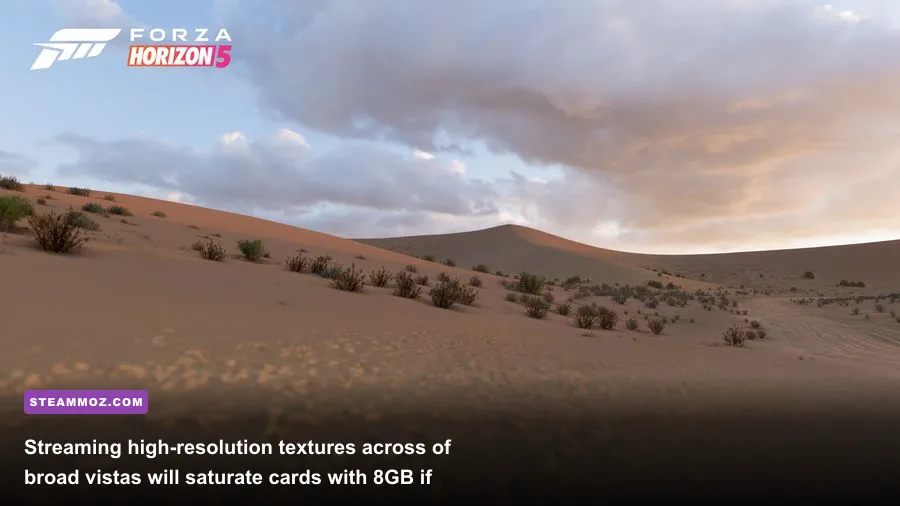 Expansive open-world desert vista in Forza showing texture streaming and draw distance