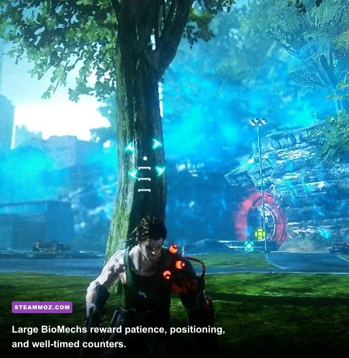 Nathan Spencer battles a giant BioMech in Bionic Commando