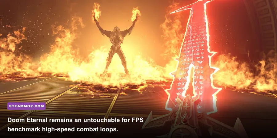 The Doom Slayer executing a blood punch and glory kill in Doom Eternal