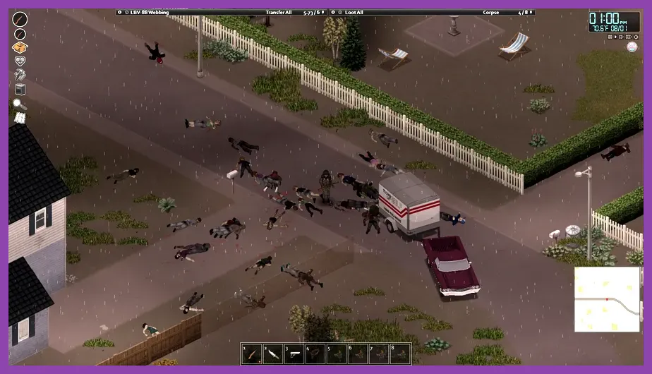 Veteran character holding a shotgun against a horde in Project Zomboid