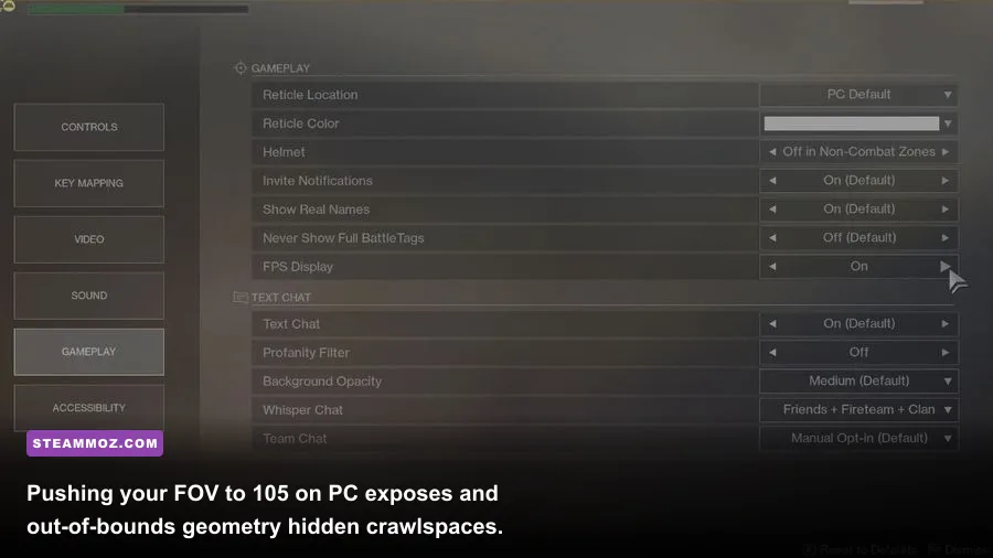The Destiny 2 PC video settings menu highlighting Field of View and frame rate options