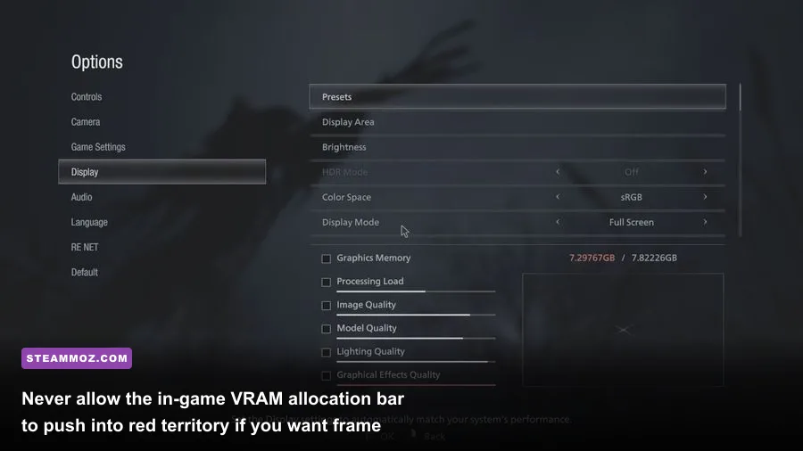 Resident Evil Village graphics configuration menu showing VRAM usage bar