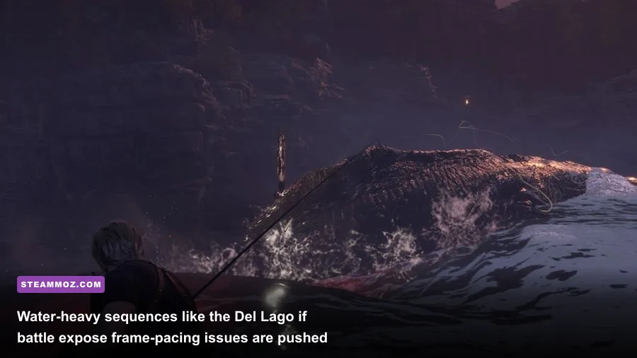 Leon aiming a harpoon at Del Lago on the lake in Resident Evil 4 PC