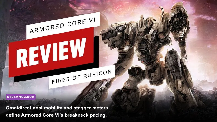 Armored Core 6 mech boosting across a scorched industrial combat arena dodging missiles