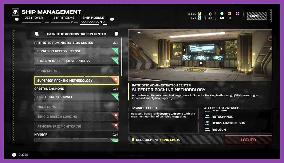 Super Destroyer ship module upgrade screen displaying bridge modifications