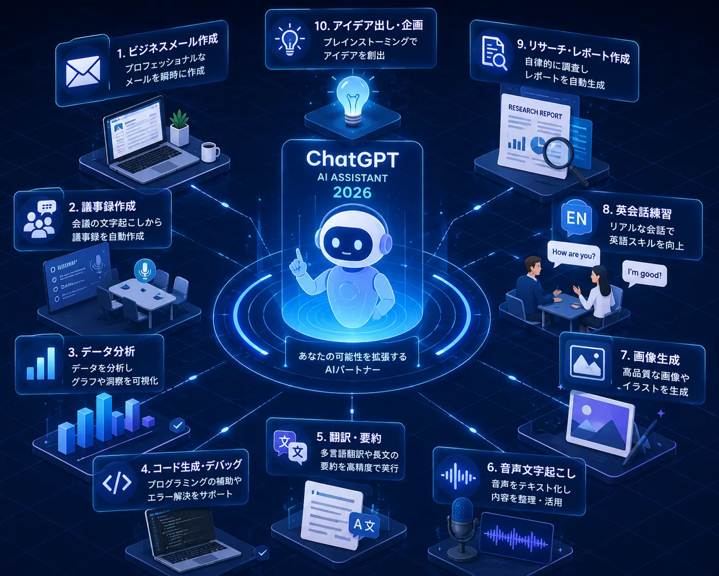 ノートパソコンでChatGPTのチャット画面を操作するビジネスパーソンのイメージ