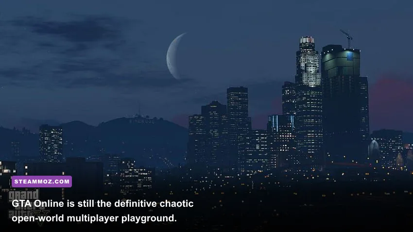Grand Theft Auto Online heist crew overlooking Los Santos at night