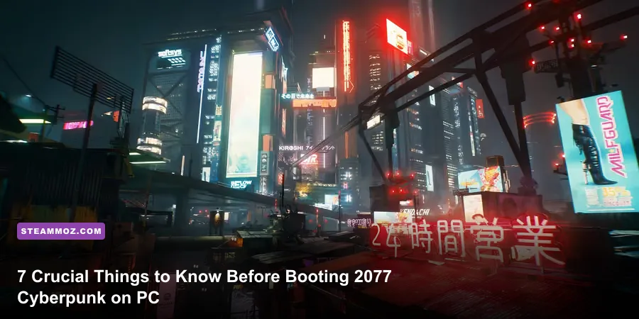 Protagonist V overlooking the sprawling neon skyline of Night City in Cyberpunk 2077 PC