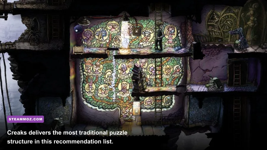 Creaks character navigating a mechanical underground house
