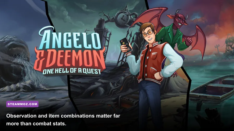 Point-and-click puzzle gameplay in Angelo and Deemon One Hell of a Quest
