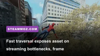 High-speed web swinging through Manhattan demonstrating asset streaming load in Spider-Man Remastered
