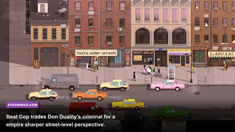 Beat Cop pixel-art gameplay showing a police officer patrolling a New York street