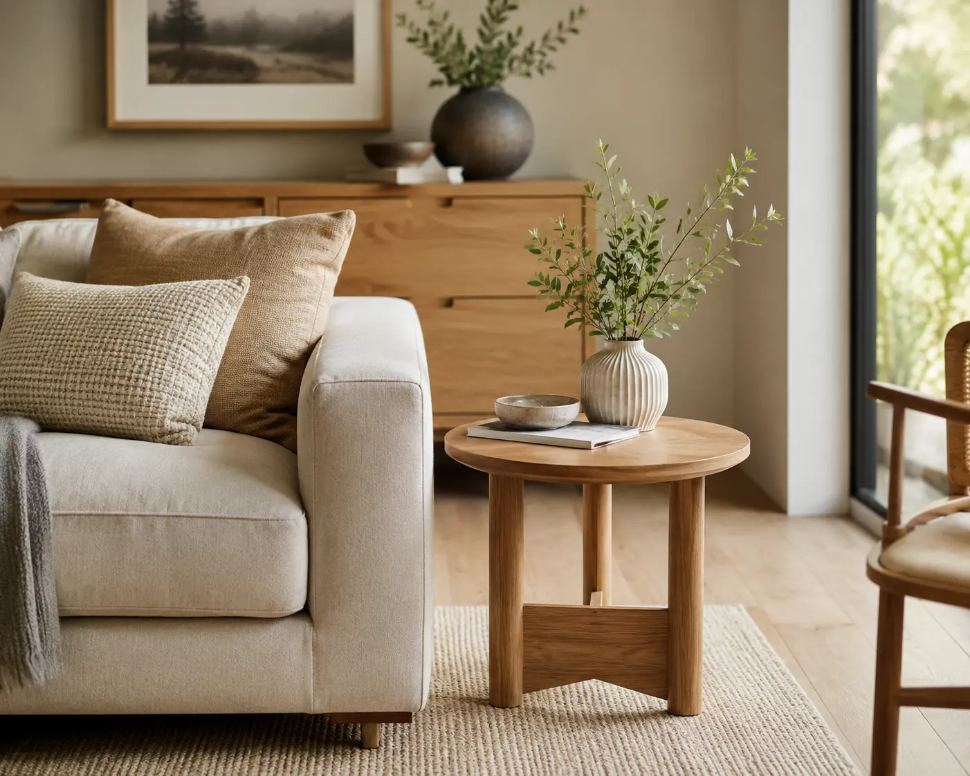 Round wooden side table beside a neutral linen sofa in a softly lit minimalist living room