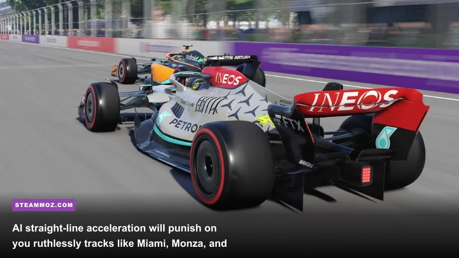 Formula 1 cars slipstreaming on a high-speed straight with DRS open in F1 22