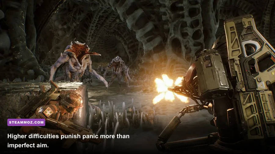 Aliens Fireteam Elite squad fighting Xenomorphs on a high difficulty mission
