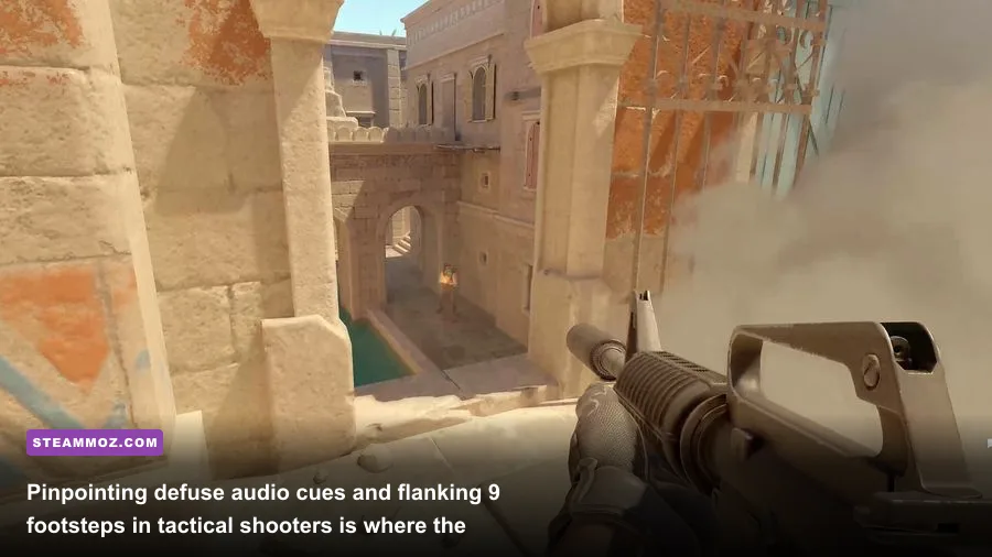 Competitive tactical shooter match highlighting positional audio cues and footsteps