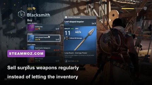 Assassin's Creed Origins blacksmith inventory showing weapons sold for drachmas