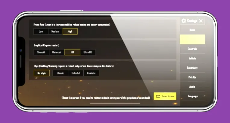 PUBG Mobile Graphics settings menu showing Smooth and Extreme frame rate options
