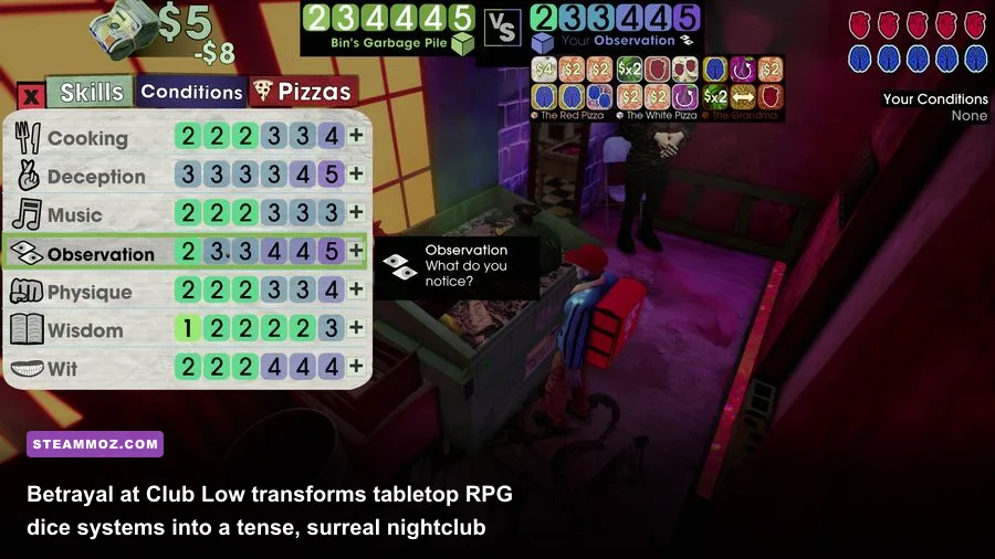Betrayal at Club Low interactive dice rolling screen during a high-stakes conversation