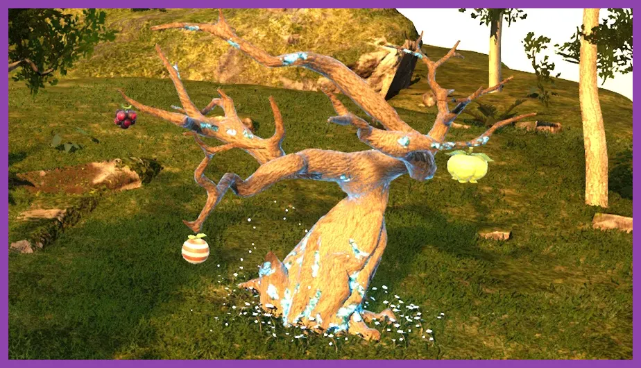 A glowing Skill Fruit Tree in Palworld providing active skill moves for Pals