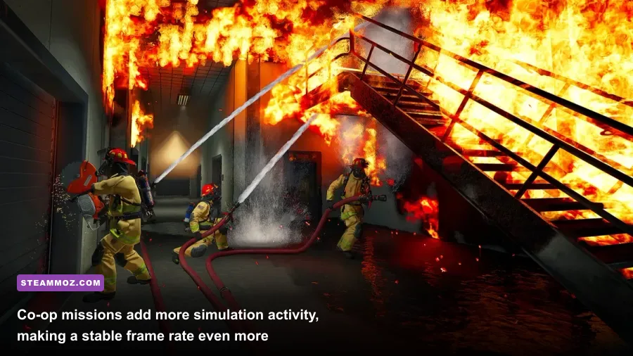 Firefighting Simulator Ignite co-op firefighters working around a burning structure