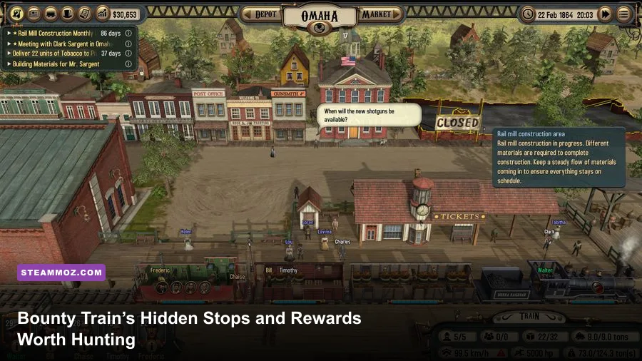 Bounty Train locomotive crossing the American frontier in a western landscape