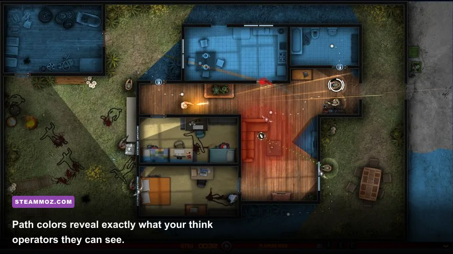 Door Kickers tactical map displaying blue movement paths and red engagement lines