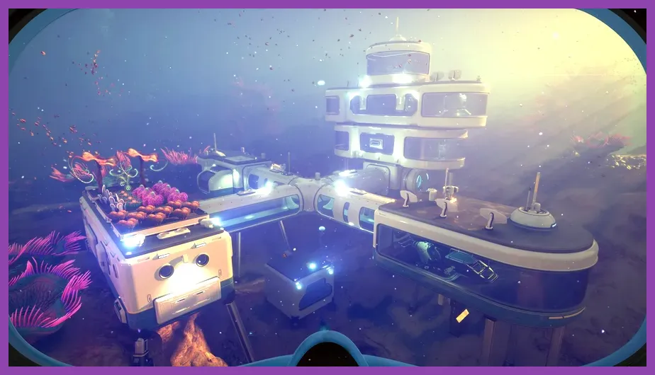 Subnautica 2 underwater base with beacons marking discovered secret locations