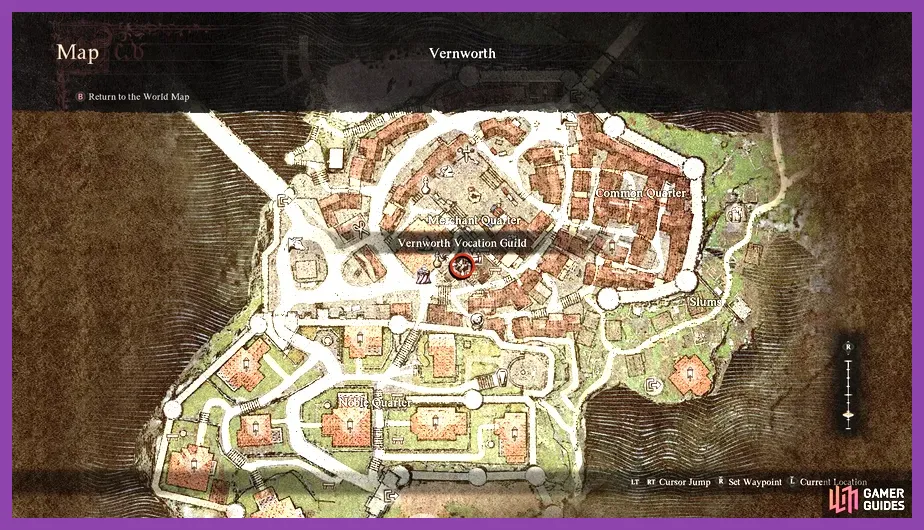 Screenshot showing the Vocation Guild building in Vernworth, Dragon's Dogma 2