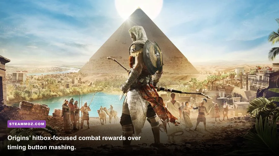Bayek fighting a Roman soldier with a spear and shield in Assassin's Creed Origins