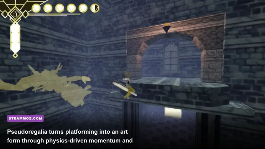 High-velocity momentum jump in Pseudoregalia inside the castle courtyard