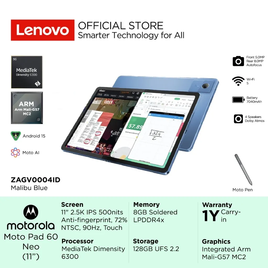 Motorola Moto Pad 60 Neo 11 inch 04ID + Pen, MediaTek Dimensity 6300, RAM 8GB, 128GB UFS, 11" 2.5K IPS 90Hz Touch, Integrated Arm Mali-G57 MC2, Battery 7040mAh, Tablet Android Touchscreen Lenovo Motopad Tab ZAGV0004ID Malibu Blue