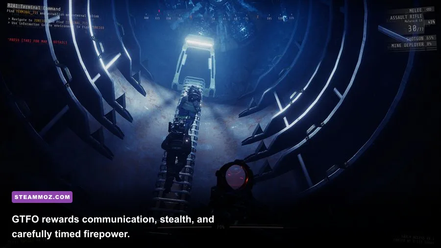GTFO players defending a reactor while sleepers attack in a dark underground facility