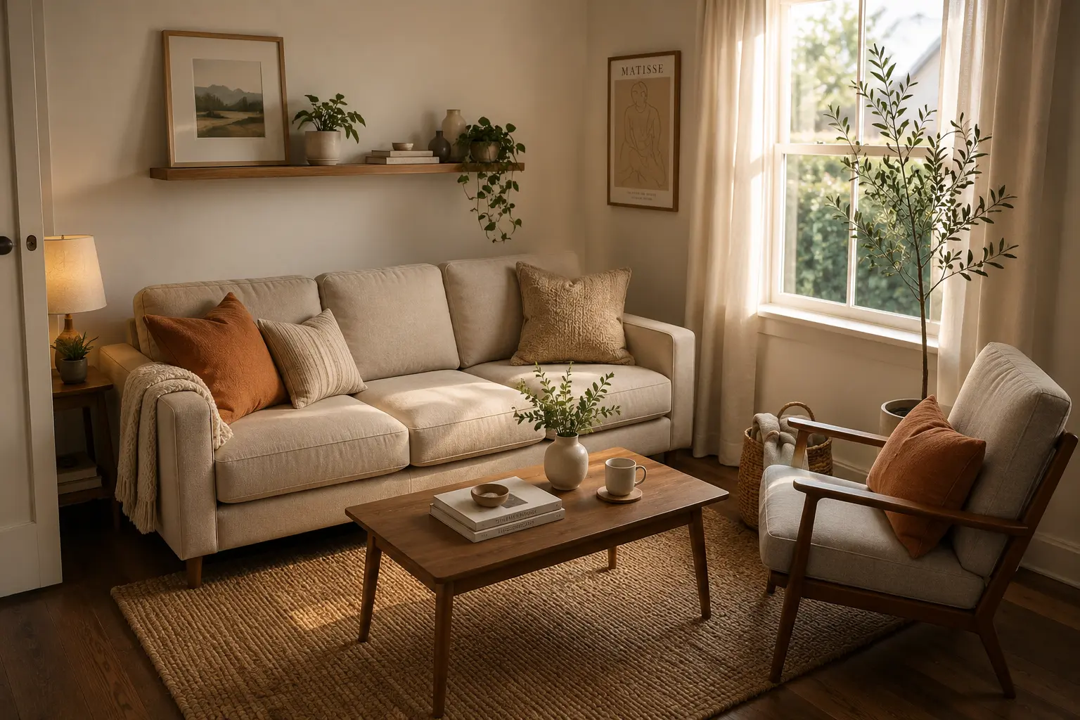 Large L-shaped sectional sofa anchoring a warm, open-plan living room