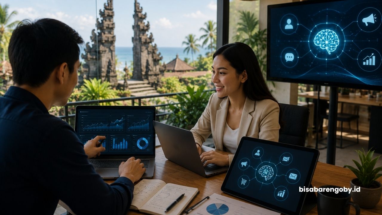 Manajer pemasaran menyeleksi penawaran jasa AI Marketing untuk perusahaan di Bali berbasis OpenAI