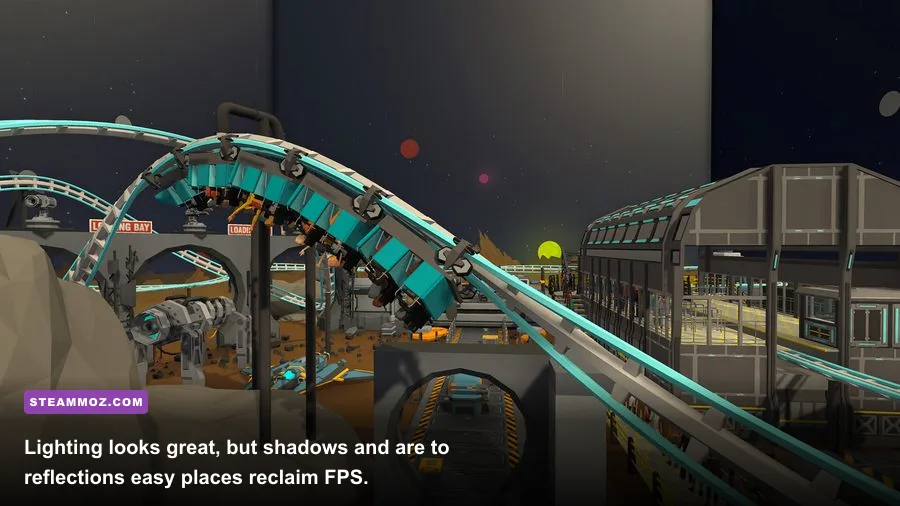 Indoorlands theme park at night with colorful attraction lighting and decorations