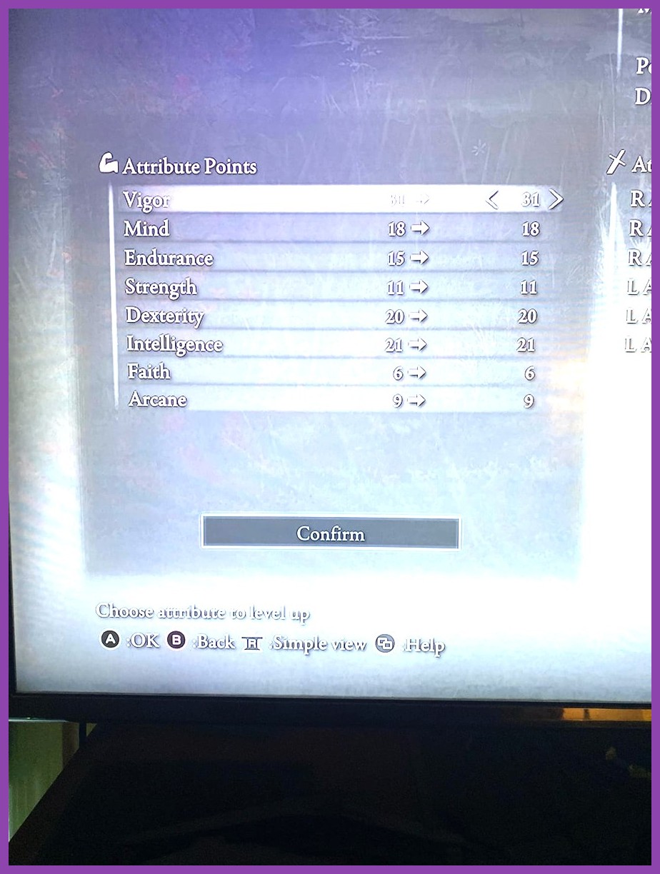 Elden Ring player status screen showing Vigor Dexterity and Endurance stats