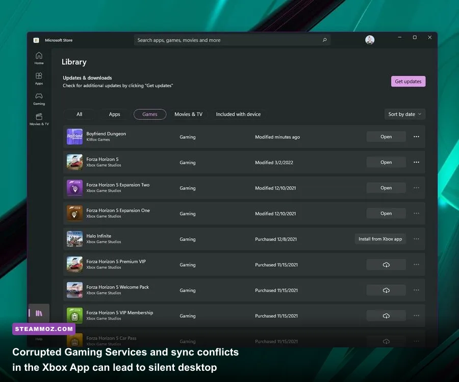 Windows Xbox App dashboard showing cloud gaming and installed Game Pass PC titles