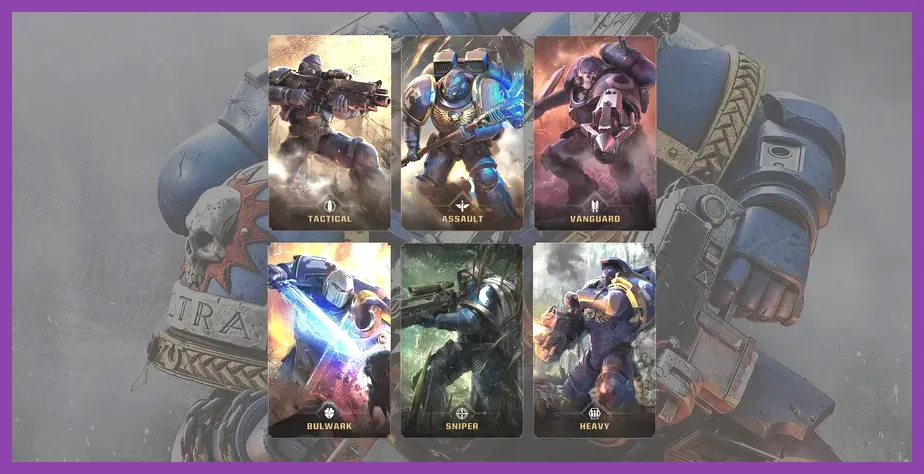 The Battle Barge Armory terminal showcasing the six playable Space Marine classes