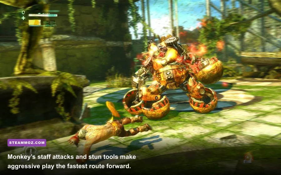 Monkey fighting robots with his staff in EN​​SLAVED Odyssey to the West